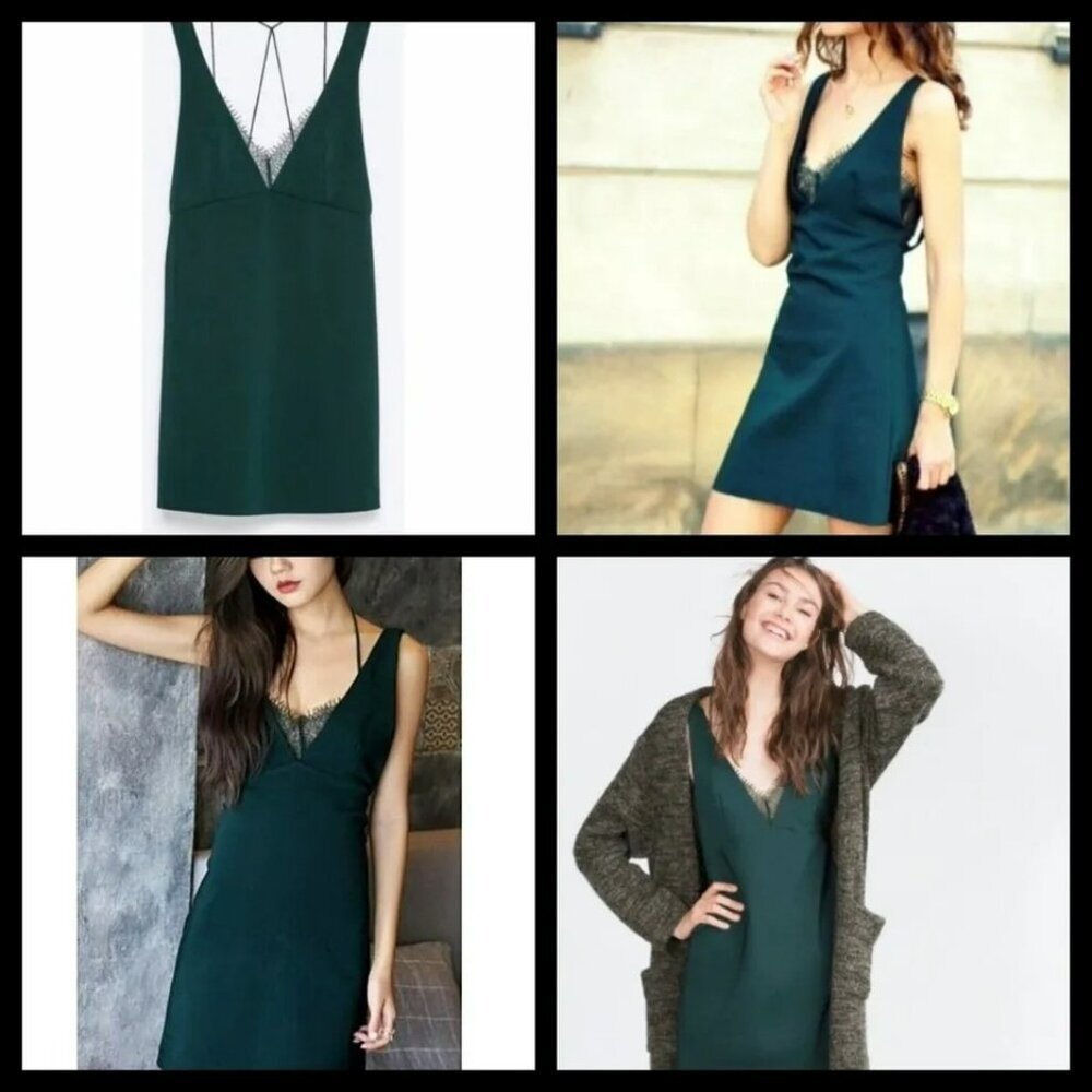 Zara Green Sleeveless Deep V-Neck Mini Dress Lace Trim Strappy Back Design Small - Picture 2 of 15